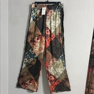 100% SILK Johnny Was Multi-Color Patchwork silk Pant with Velvet sides